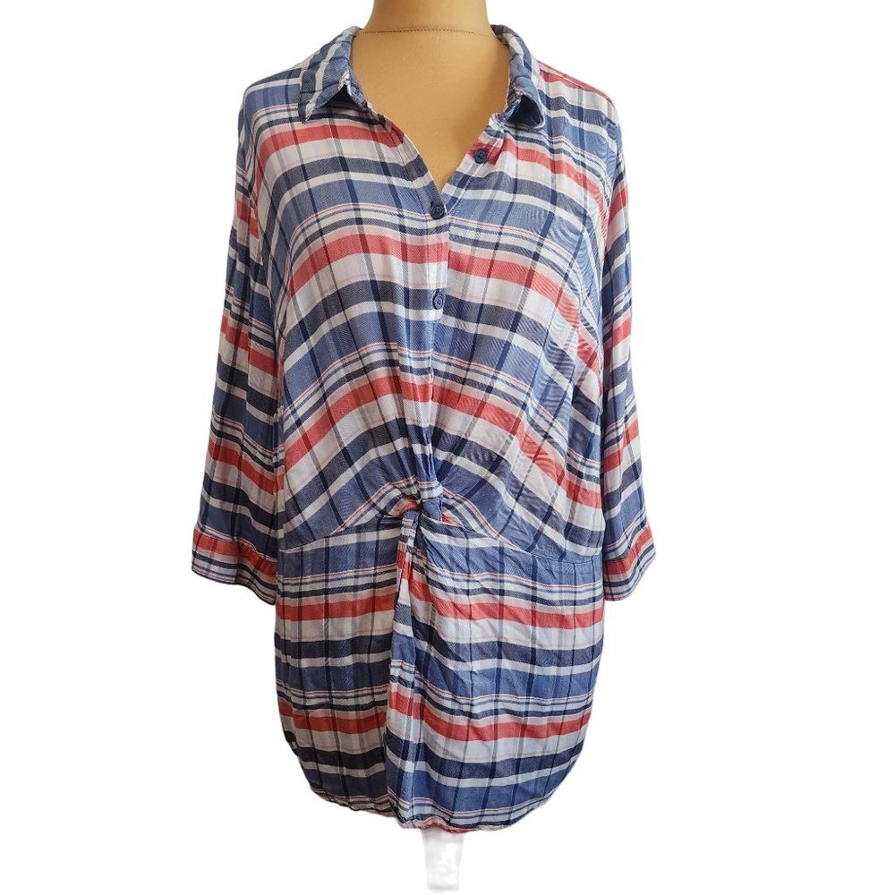 Catherines Womens Blue Plaid Pullover 100% Rayon Top Size 3x (26/28)